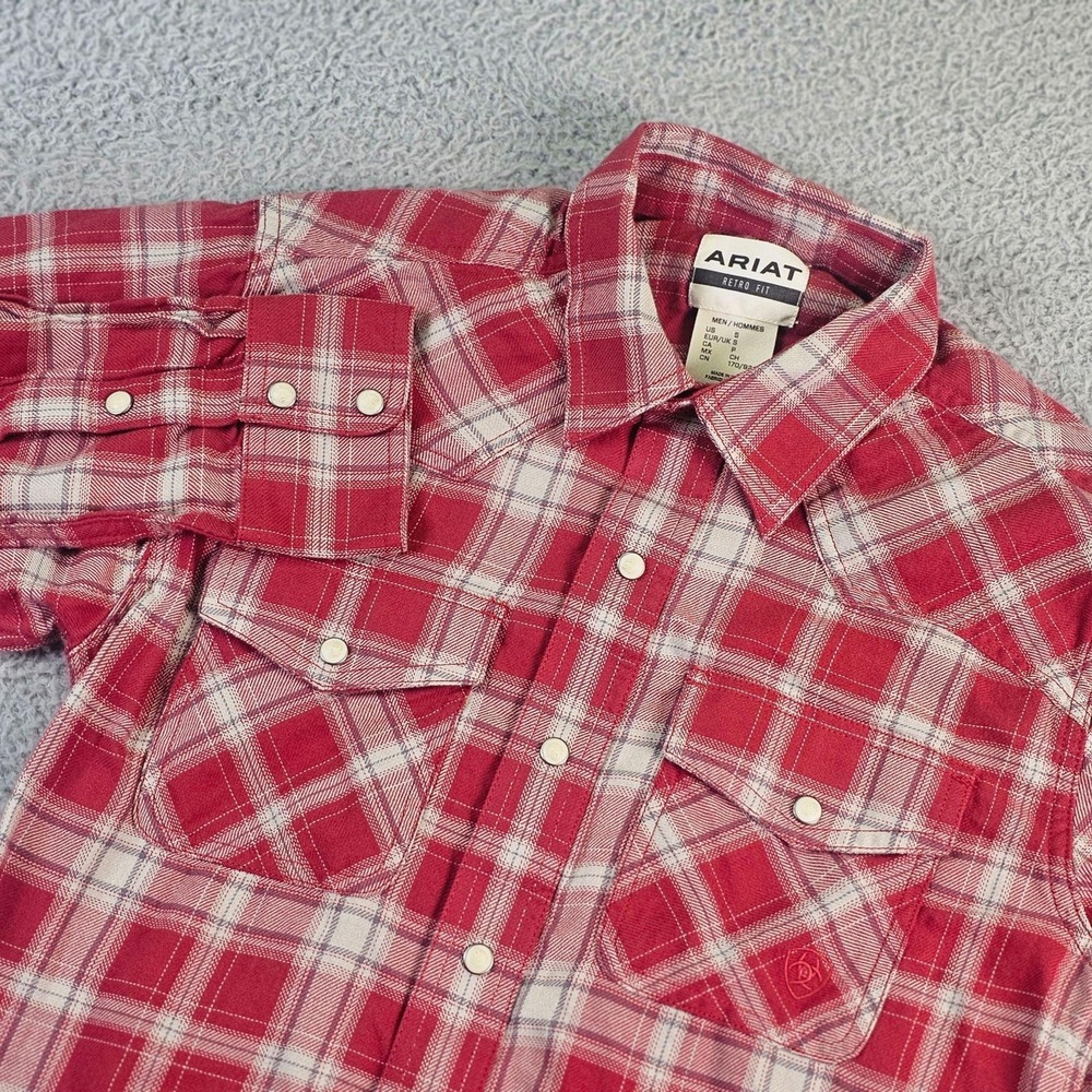 Ariat Shirt Mens Small Red Plaid Flannel Western Pearl Snap Retro Fit Holton